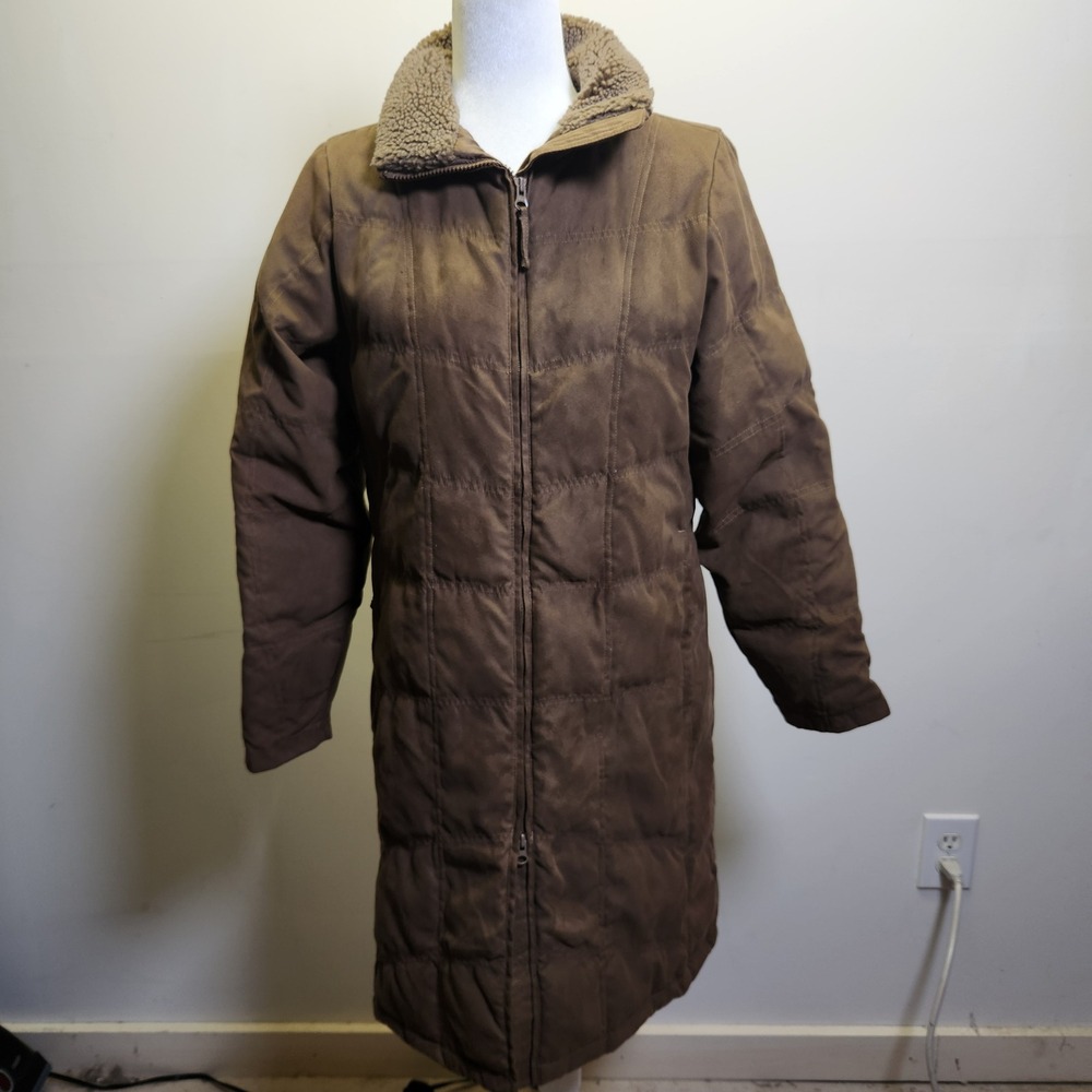 Vtg L.L. Bean Women's Faux Suede Quilted Goose Down Puffer Coat Med Zip Brown